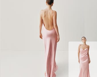 Backless Satin Bridesmaid Dress, Pink Slip Maxi Dress with Open Back, Elegant Wedding Guest Dress, Spaghetti Strap Evening Gown
