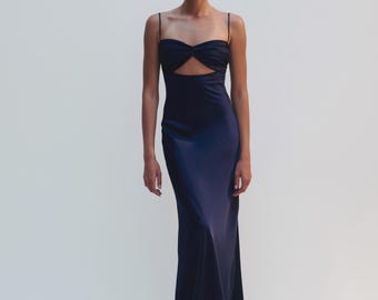 Satin Maxi Dress, Elegant Open Back Gown with Draped Bodice, Long Evening Dress, Backless Slip Dress, Wedding Guest Outfit, Chic Event Look