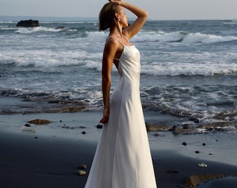 Beach Wedding Dress Satin, Open Back Bridal Slip Dress, Backless Maxi Elopement Dress, Simple Destination Wedding Dress, Gown with Train