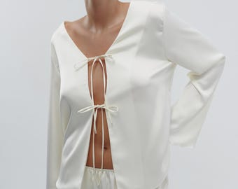 Satin Tie Front Top for Bride, Open Front Long Sleeve Blouse, Minimalist Bridal After Party Outfit, Honeymoon Dinner Top, V-Neck Blouse