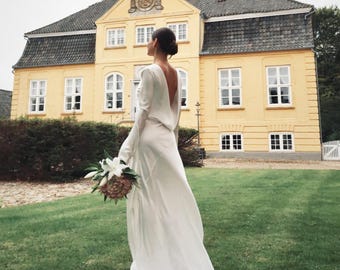 Satin Open Back Long Sleeve Simple Wedding Dress, Romantic Boho Bridal Gown