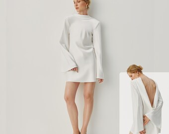 Satin Mini Wedding Dress Long Sleeve, Backless Bridal Dress, Modern Reception Dress Bride, Simple Elopement Dress