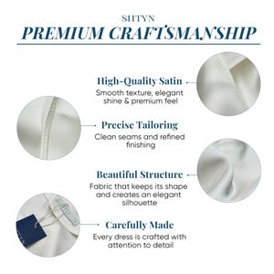 The image is a collage of four images showcasing the premium craftsmanship of a product. The images highlight the high-quality satin fabric, precise tailoring, beautiful structure, and carefully made attention to detail.