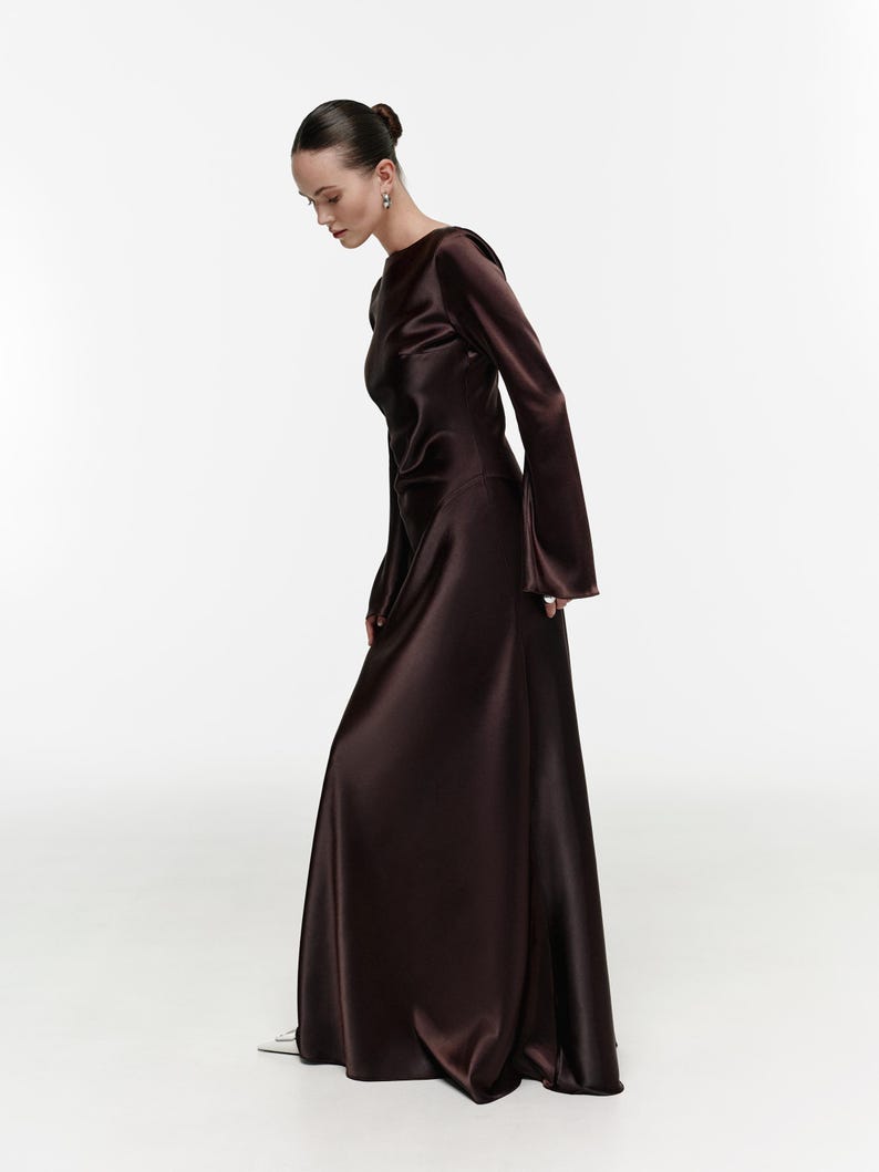 Satin Maxi Dress, Long Sleeve Formal Gown, Evening Dress, Floor Length Dress, Party Outfit for Her, Back Zipper Gown, Dense Satin Dress image 7