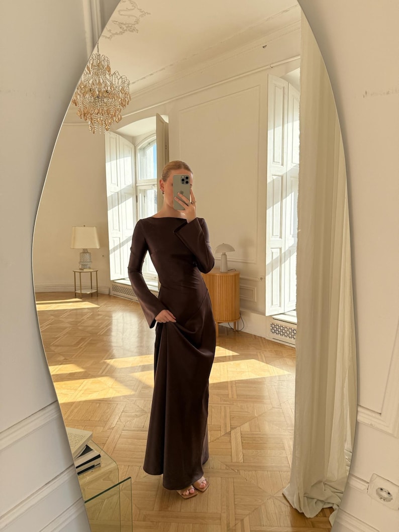 Satin Maxi Dress, Long Sleeve Formal Gown, Evening Dress, Floor Length Dress, Party Outfit for Her, Back Zipper Gown, Dense Satin Dress image 9