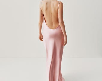 Satin Bridesmaid Dress with Low Back, Spaghetti Strap Maxi Dress, Elegant Bridal Party Dress, Backless Gown for Bridesmaids