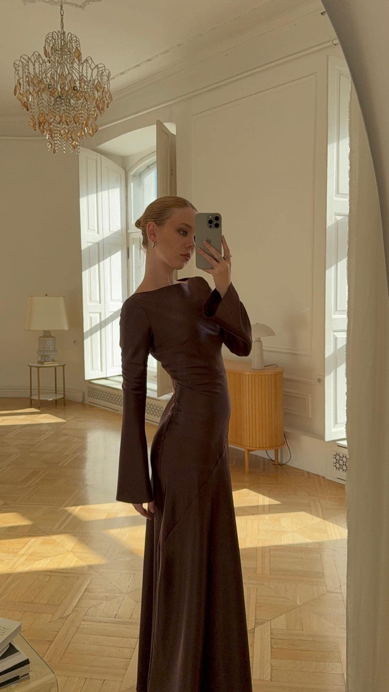 Satin Maxi Dress, Long Sleeve Formal Gown, Evening Dress, Floor Length Dress, Party Outfit for Her, Back Zipper Gown, Dense Satin Dress image 2