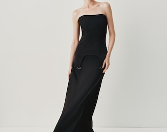 Black Strapless Corset and Maxi Skirt Set, Two Piece Evening Dress, Formal Black Tie Outfit, Fitted Bodice Long Skirt Set, Custom Size
