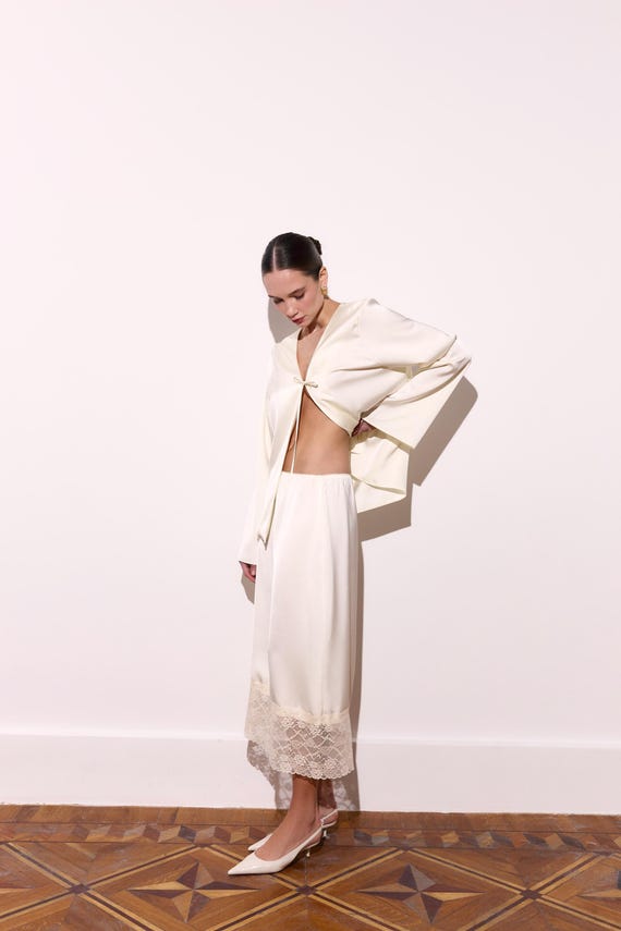 Bridal Satin Midi Skirt with Lace Trim, Wedding Separates Skirt, High Waist Satin Skirt for Bride