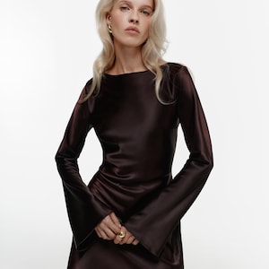 Chocolate Brown Dress with Long Sleeves, Elegant Cocktail Party Outfit, Mocha Satin Mini Dress, Chic Evening Wear, Graduation Dress