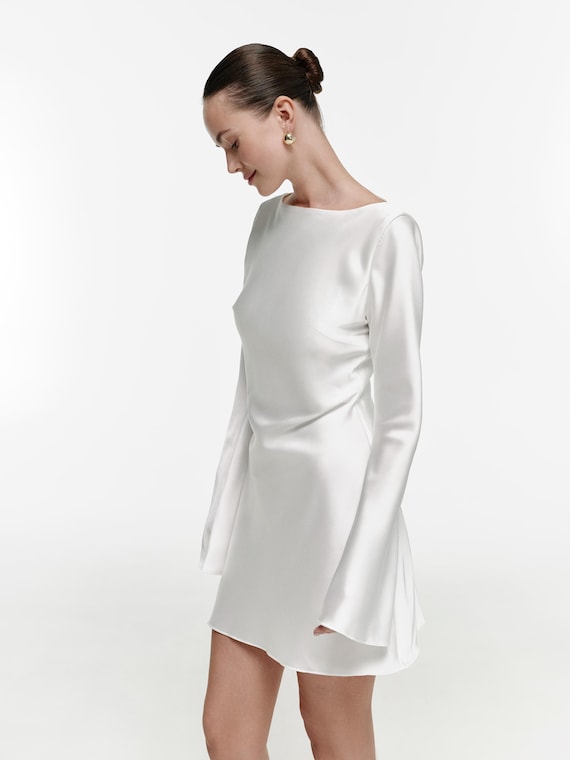 Simple Satin Mini Dress, Long Sleeve Party Dress for Women, Elegant Cocktail Outfit, Minimalist Bridal Shower Dress, Chic Civil Wedding Look