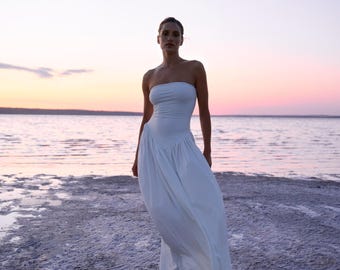 Trägerloses Maxikleid, Elegantes Abendkleid, Langes Abendkleid mit Bustiertop, Hochzeitsgast Outfit, Partykleid für Frauen, Urlaubslook