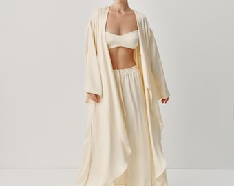 Bridal Getting Ready Outfit, Satin 3 Piece Set with Robe Pants and Bralette, Modern Morning Look for Bride