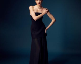 Black Convertible Wedding Dress with Skirt, Short Bridal Dress with Chiffon Maxi Skirt, Structured Bodice Reception Bridal Dress Set