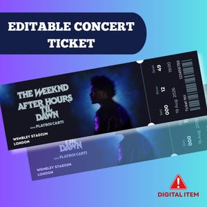 Op de afbeelding: Een digitaal concertticketontwerp voor "The Weeknd After Hours Til Dawn" met Playboi Carti in Wembley Stadium, Londen. Het ticket toont stoel-, rij- en datumgegevens, met een digitale itemwaarschuwing.