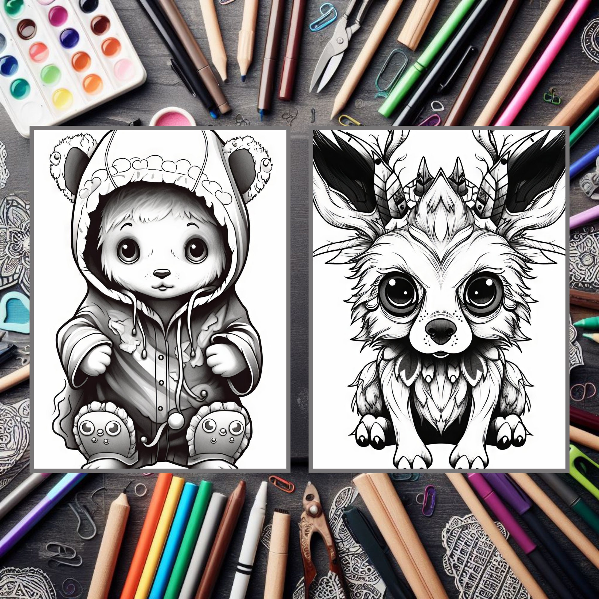 25 Creepy Cute Animals Colouring Pages for Adults and Kids. Grayscale ...