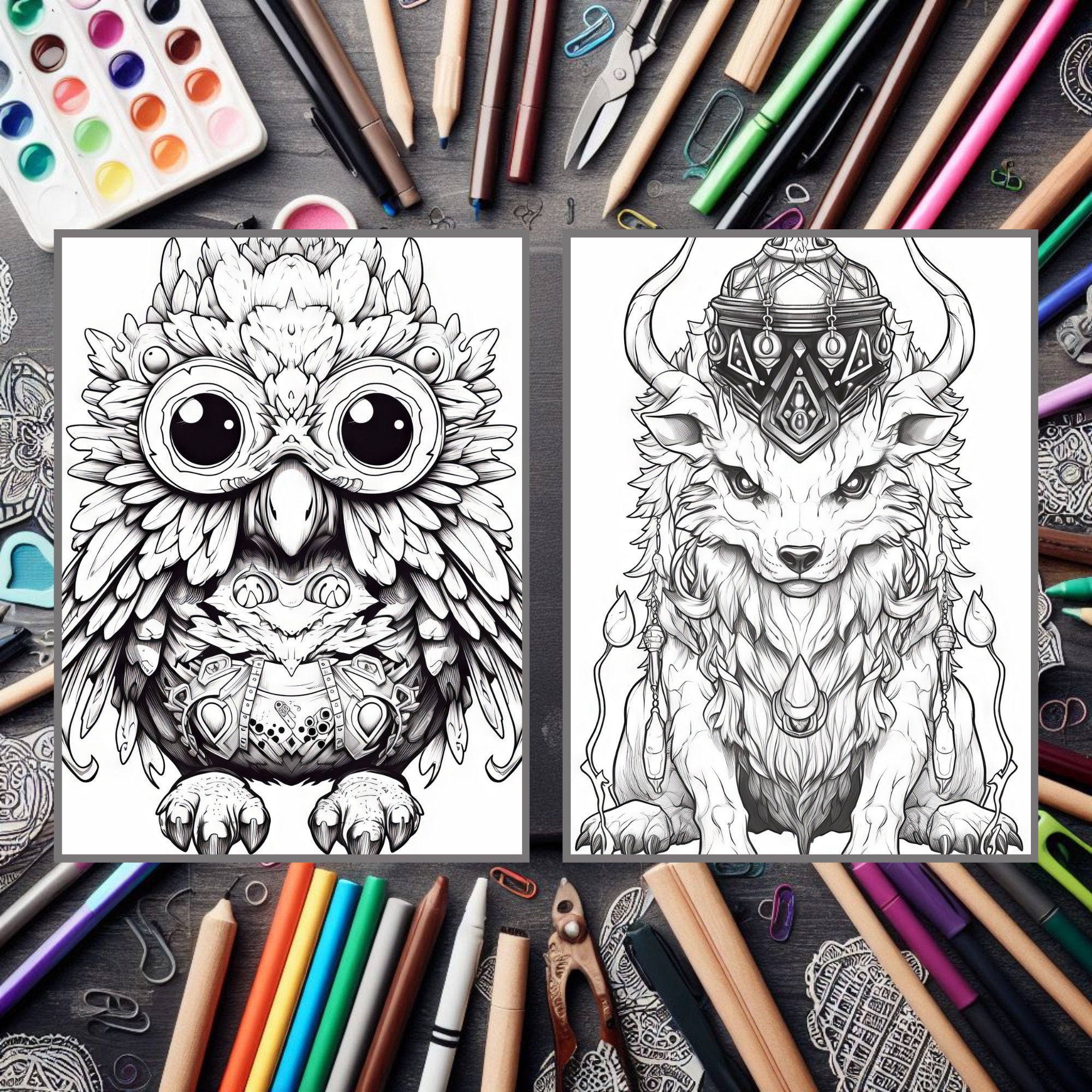 25 Creepy Cute Animals Colouring Pages for Adults and Kids. Grayscale ...