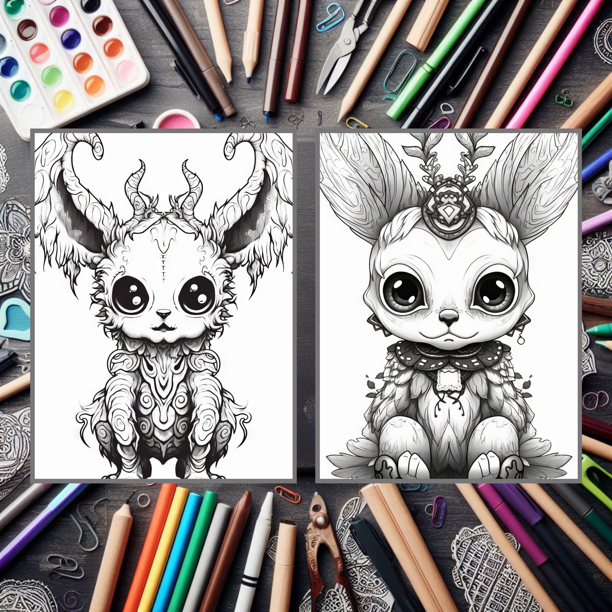 25 Creepy Cute Animals Colouring Pages for Adults and Kids. Grayscale ...