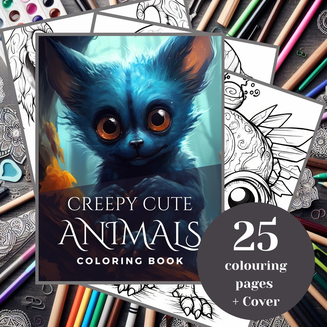 25 Creepy Cute Animals Colouring Pages for Adults and Kids. Grayscale ...