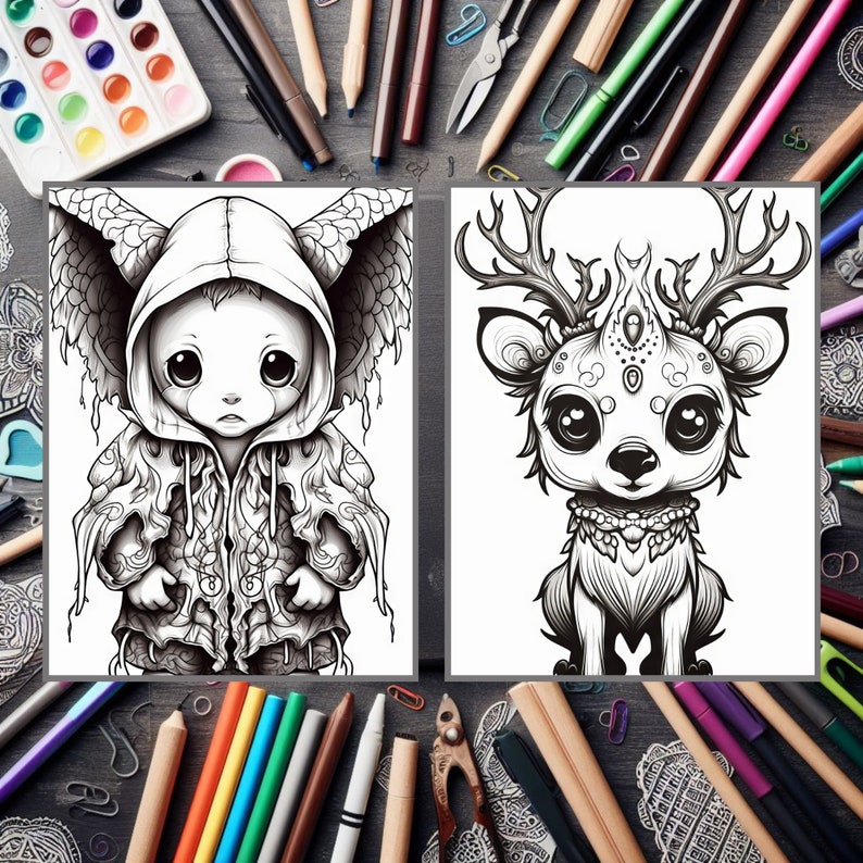 25 Creepy Cute Animals Colouring Pages for Adults and Kids. Grayscale ...