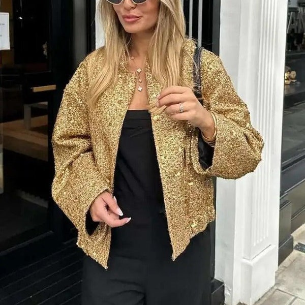 Sequin Coat For Women Pocket Long Sleeve Stand Collar Shiny Gold Color Female Jacket