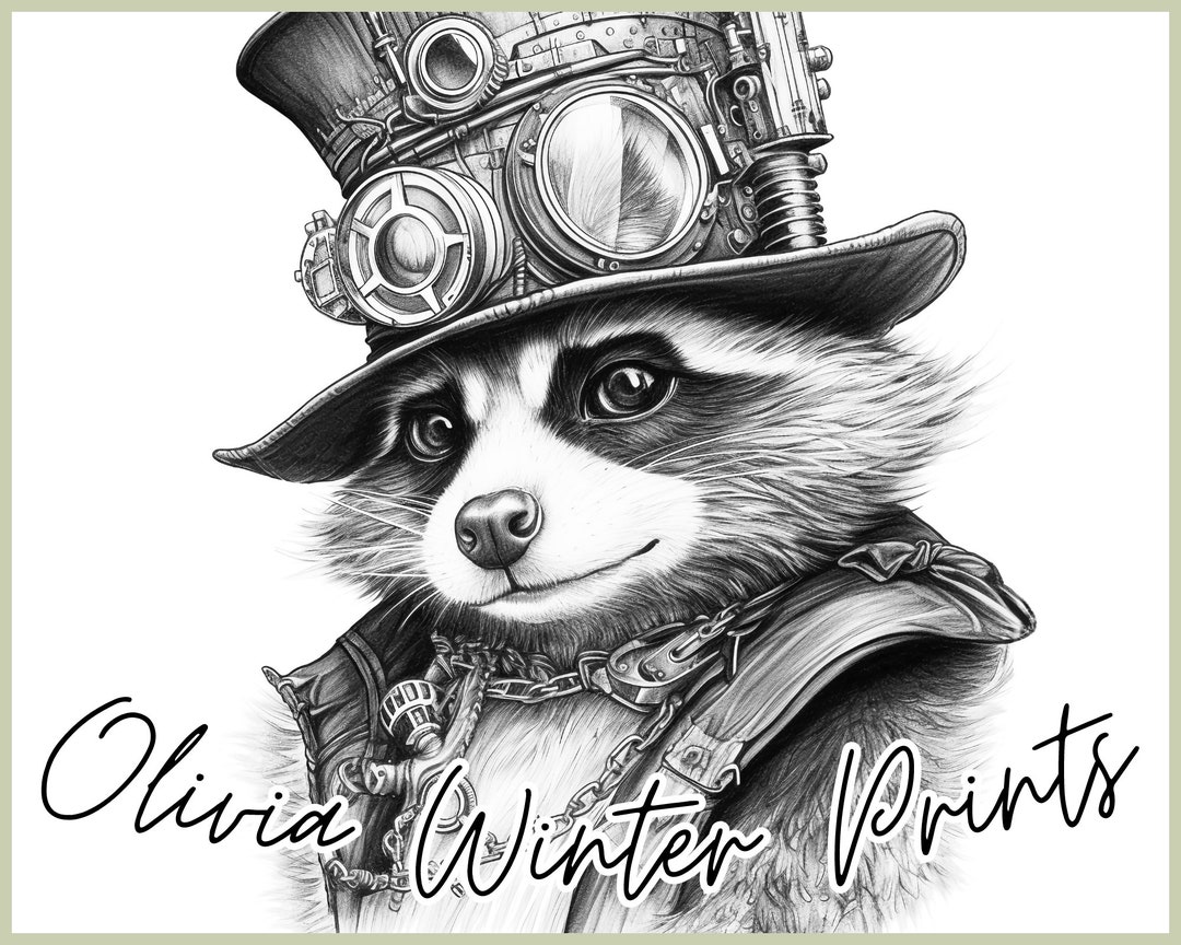 Steampunk Raccoon Coloring Pages Printable, Steampunk Animal Coloring