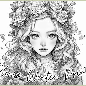 Beautiful Women and flower Coloring Pages, Printable instant Download Coloring pages, Beautiful Girl portrait Digital Download coloring page