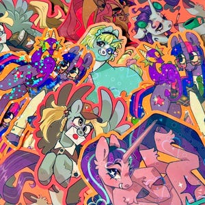 May include: A collection of colourful stickers featuring cartoon ponies and unicorns with various designs. The stickers have an orange border and are in a variety of poses and styles, with vibrant colours and details.