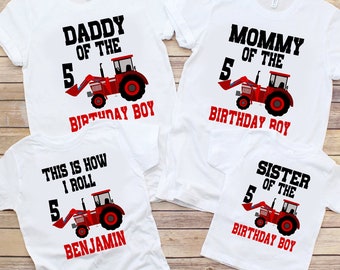 May include: Four white t-shirts with red and black tractor designs. The shirts say "Daddy of the 5 Birthday Boy", "Mommy of the 5 Birthday Boy", "Sister of the 5 Birthday Boy", and "This is how I roll 5 Benjamin".