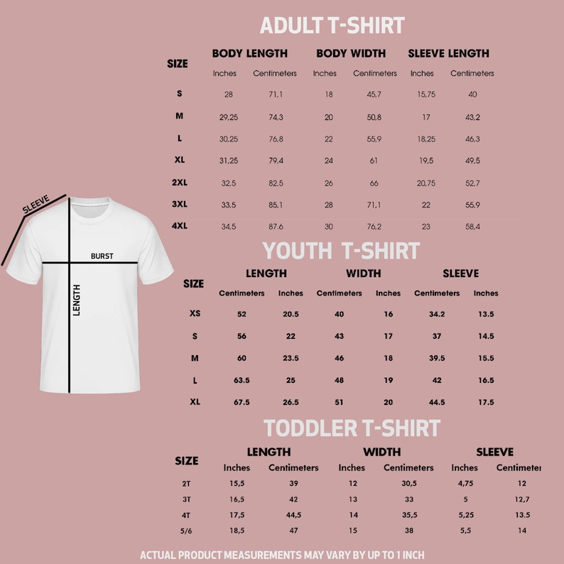 以下が含まれることがあります： 大人、子供、幼児のTシャツのサイズ測定値をインチとセンチメートルで示した表。表には、胴回り、身幅、袖丈が含まれています。