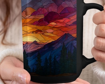 Stained Glass Mountain Sunset Mug: Nature Lover's Coffee Cup