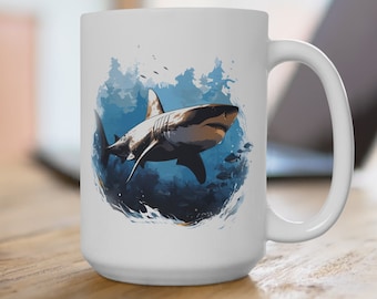 Shark Coffee Mug 15oz: Marine Graphic, Shark Lover Gift