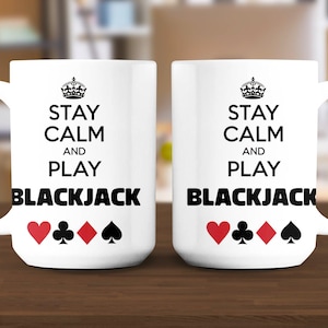 Kubek „Zachowaj spokój i graj w blackjacka”, wyjątkowy prezent na kubek do kawy, zabawne prezenty kasynowe, kubek dla entuzjastów hazardu, naczynia do picia dla miłośników pokera