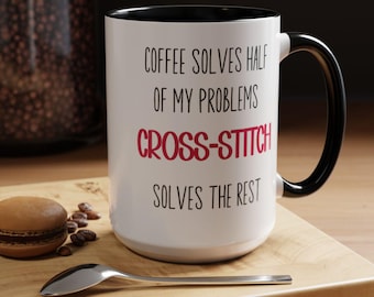 Tazza da caffè con punto croce, tazza per risolvere i problemi, tazza da caffè divertente, regalo per gli amanti del punto croce, regalo per gli artigiani, idea regalo per il cucito