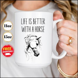 Black and White Horse Art Mug, Coffee Mug with Horse Drawing, Unique Equestrian Gift, Horse Lover&#39;s Mug, Artistic Horse Design Mug