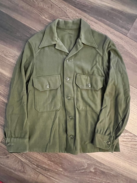 Vintage green wool army shirt, Korean War era - image 1