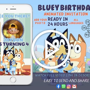 Bluey birthday Invitation, Bluey video invitation, bluey Bingo invitation, with free thank tag, video invitation, Video birthday Invitation image 1