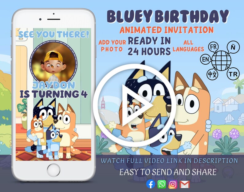Bluey birthday Invitation, Bluey video invitation, bluey Bingo invitation, with free thank tag, video invitation, Video birthday Invitation image 1