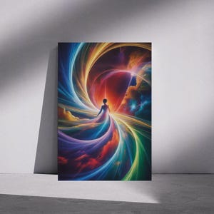May include: A vibrant artwork depicts a figure in a flowing gown, surrounded by swirling bands of color. The color palette includes blues, greens, yellows, oranges, and reds, creating a dynamic and ethereal composition. The artwork is displayed on a canvas.