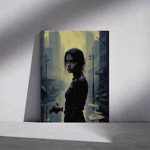 Cyberpunk Girl Digital Art Print – Dystopian Rainy City Poster, Dark Futuristic Wall Art, Emotional Portrait Download, Moody Female Artwork