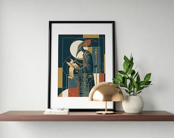 May include: Framed art print featuring an Egyptian figure in teal robes, holding a scroll. The artwork has a geometric background with teal, orange, and gold shapes. The print is in a black frame, displayed on a brown shelf.