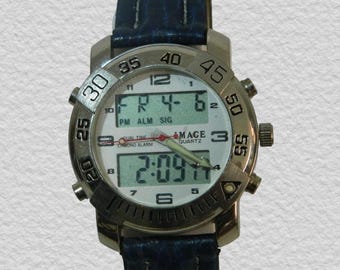 Reloj cronógrafo de cuarzo con alarma: diseño elegante con doble pantalla digital y analógica.