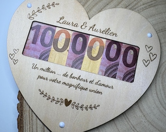 Carte mariage cœur - Carte cadeau argent - Support billet original en bois fait main