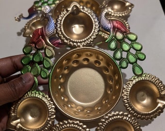 Urli Diya / Urli Decor / Peacock Diya Urli / Pooja Decor / Indian Pooja Decor / Metal Decor / Urli Pooja Decor / Brass Flower Candle set