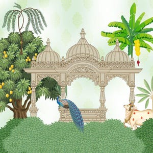 May include: An illustration of an ornate, beige-colored temple with three domes, surrounded by lush greenery. A peacock with blue and green feathers perches on the temple. A cow with red markings and a yellow banana tree are also present.