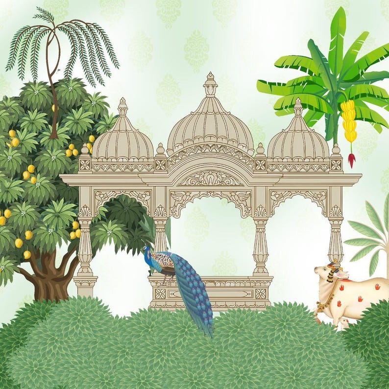 May include: An illustration of an ornate, beige-colored temple with three domes, surrounded by lush greenery. A peacock with blue and green feathers perches on the temple. A cow with red markings and a yellow banana tree are also present.