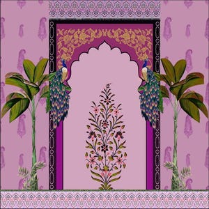 May include: A digital illustration featuring a symmetrical design with a central archway in shades of purple and gold. Two peacocks with vibrant blue and green plumage flank the arch. Palm trees and floral patterns complete the design.