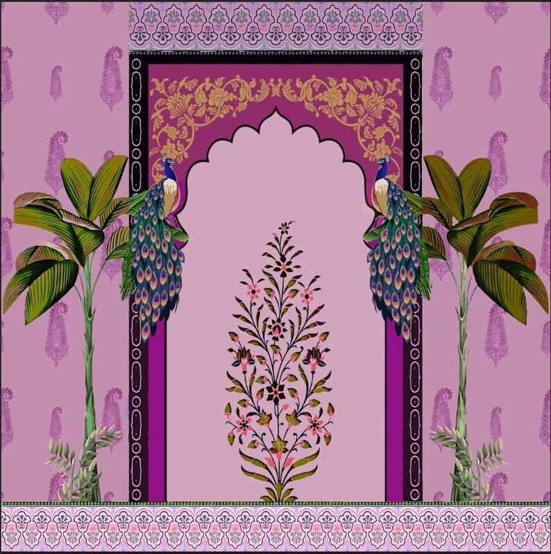 May include: A digital illustration featuring a symmetrical design with a central archway in shades of purple and gold. Two peacocks with vibrant blue and green plumage flank the arch. Palm trees and floral patterns complete the design.