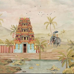 Puede incluir: Un mural de estilo acuarela que representa un templo hind&uacute; de varios niveles con tallas intrincadas en tonos rojos, dorados y azules. Un elefante gris con adornos decorativos y un jinete junto a palmeras y un estanque con flores de loto.
