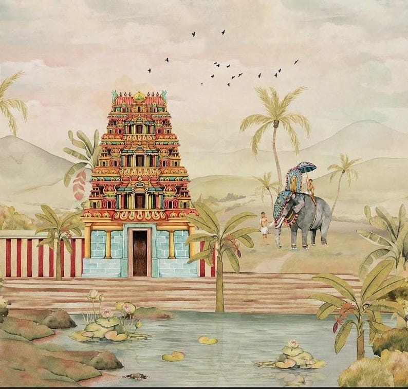 Puede incluir: Un mural de estilo acuarela que representa un templo hind&uacute; de varios niveles con tallas intrincadas en tonos rojos, dorados y azules. Un elefante gris con adornos decorativos y un jinete junto a palmeras y un estanque con flores de loto.